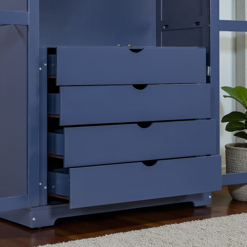 75" Solid Pine Wood Kitchen Pantry Cabinet with Glass Doors and 4 Drawers, Freestanding Storage Display Cabinet for Dining Room