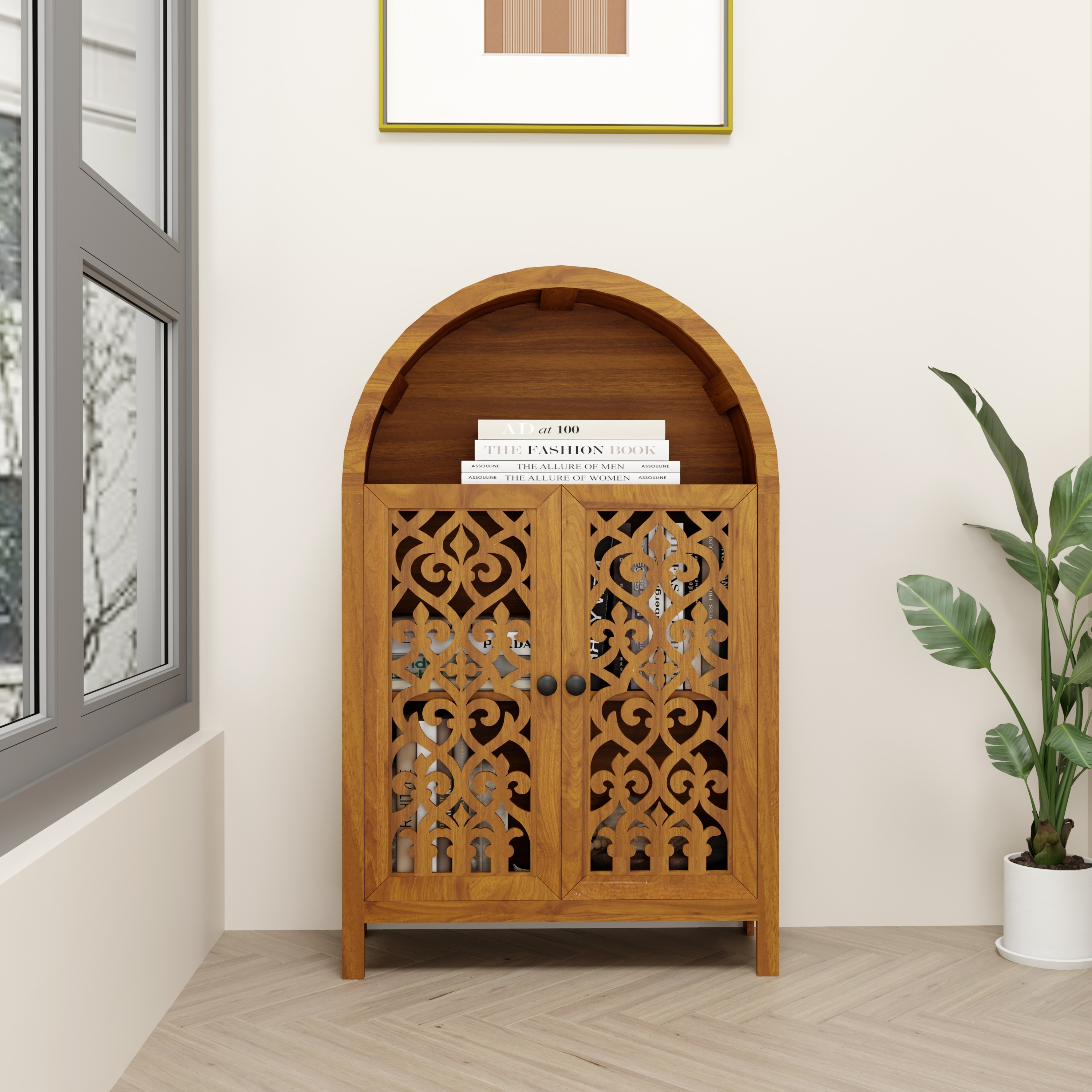 Hand-Carved Arched Cabinet, Solid Wood Storage Cabinet with Open Shelf & 2 Doors, Tall Narrow Accent Cabinet