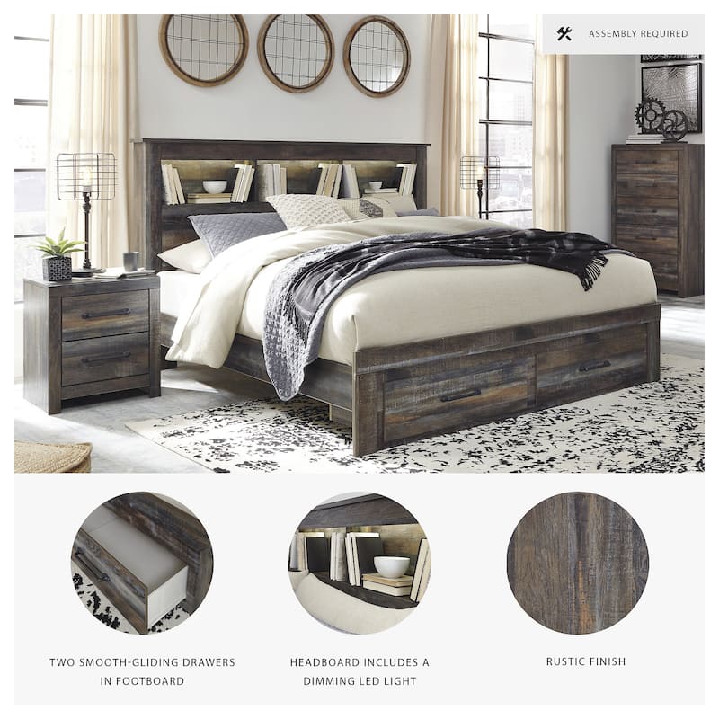 Drystan Rustic Brown Bookcase Bed with Footboard Storage Drawers