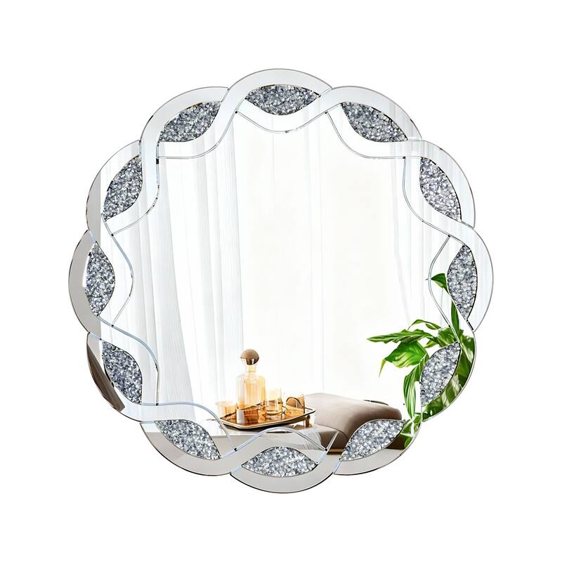 Roomfitters 31.5" Silver Mirrored Wall Mirror, Round Decorative Console Mirror with Crushed Diamond Wave Frame