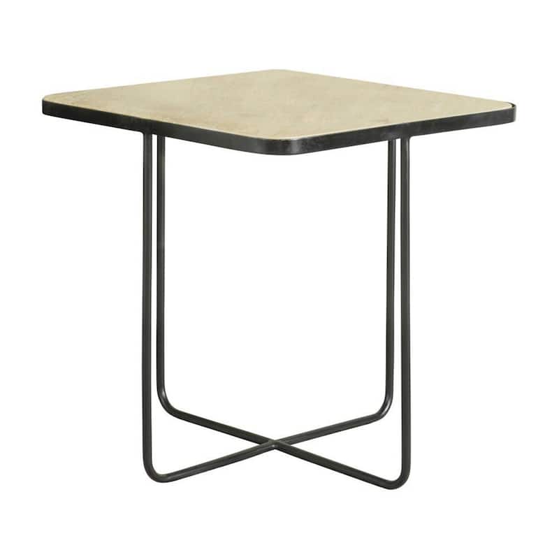 24 Inch Square Accent Side End Table, Iron, Travertine Marble Top, Black