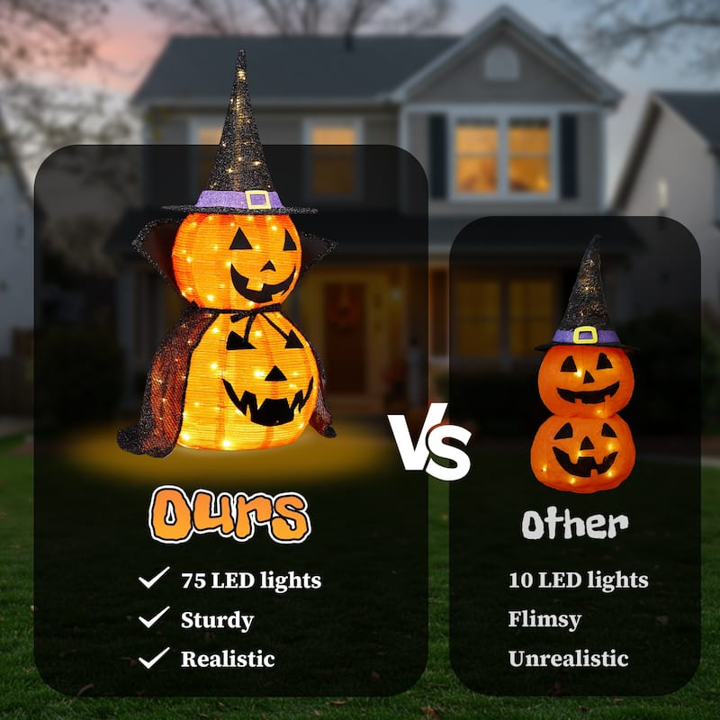 2-Pack 3 Feet Halloween Pumpkin Decorations with 176 Warm LED Lights for Indoor or Outdoor Use - 12"Dia x 36"H