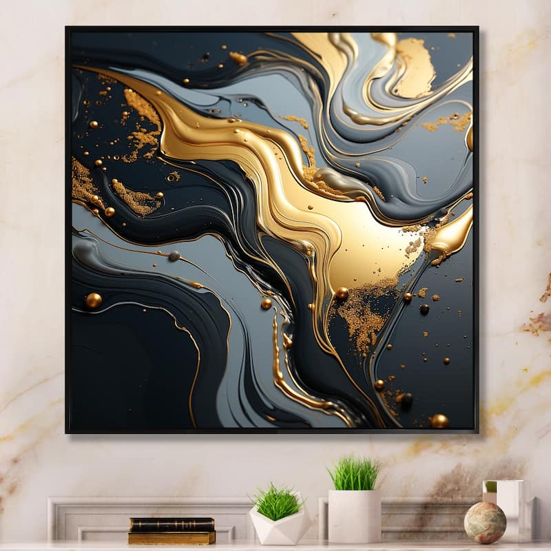 Designart "Gold And Grey Volcano Fusion I" Abstract Marble Gold Wall Decor - Modern Bedroom Framed Canvas Wall Art - 36 in. wide x 36 in. high - Black