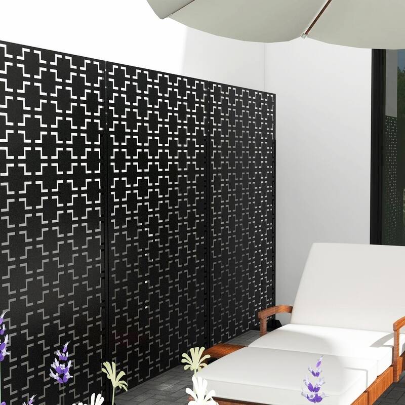 Free Standing Quadra Black Decorative Outdoor Privacy Screen, 47" L x 76" H