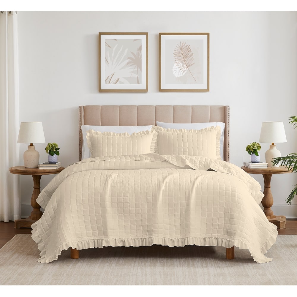 Belina Fringe Brushed Stitched Quilt with Shams