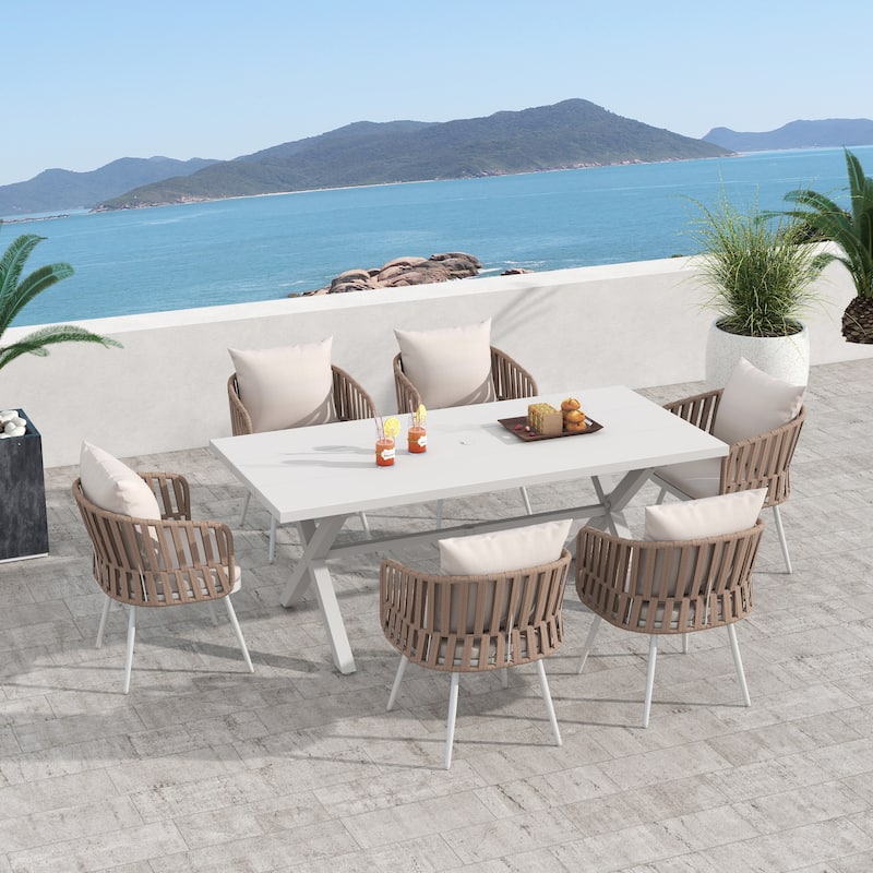 7-Piece Outdoor Dining Set Rope-Woven Arm Chairs and Dining Table with Umbrella Hole
