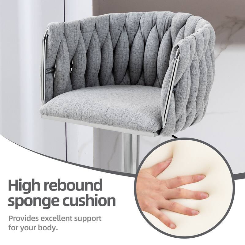 360° Swivel Fabric Cover Bar Stools Set of 2, Adjustable Height Bar Accent Chairs with Woven Back and Silver Chromed Base