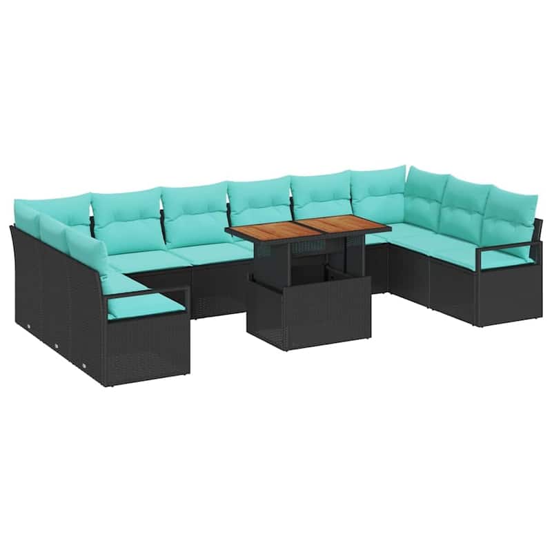 vidaXL 11 Piece Garden Sofa Set with Cushions Black Poly Rattan - 135.4×69.7×27.2