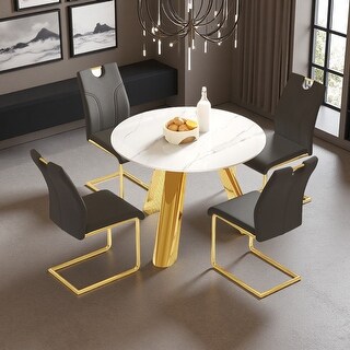 42" Modern Luxury Round Sintered Stone Dining Table Set with Metal Base ...