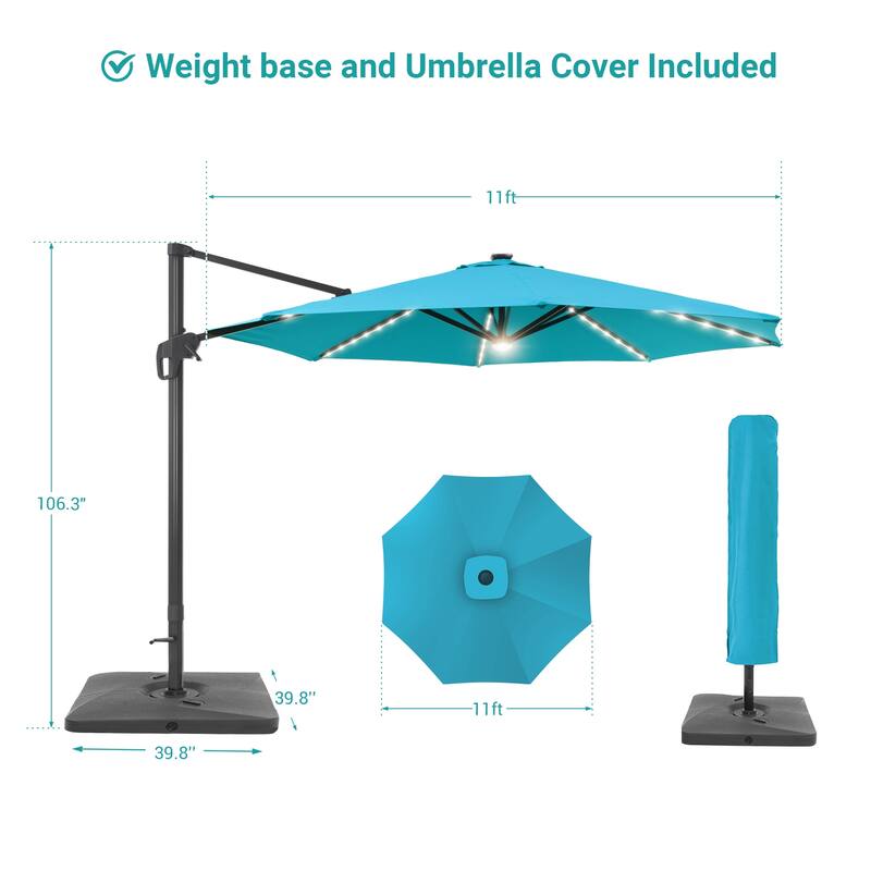 BONOSUKI 11FT LED Cantilever Patio Umbrella Angle Adjustment With Base