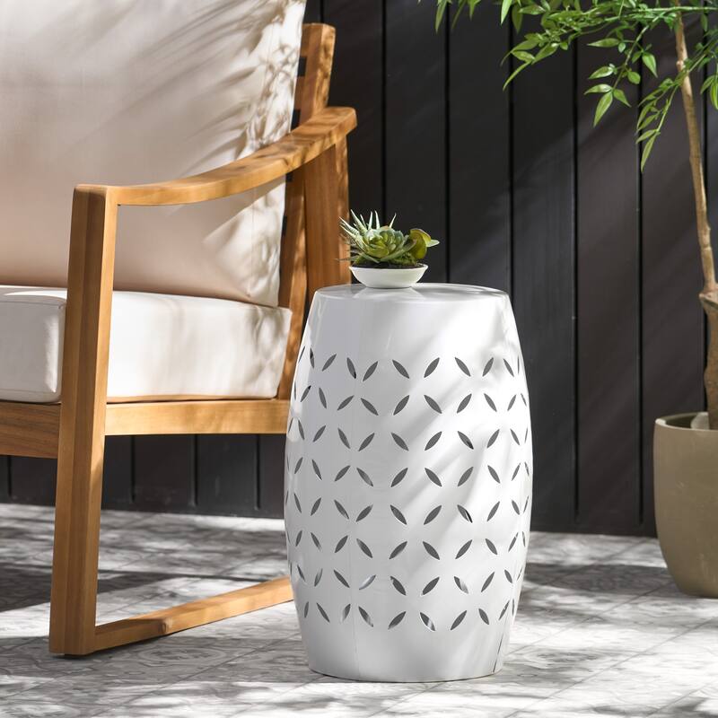 12.25" Modern Round Side Table with Barrel Structure and Iron-cut Design for Living Room or Bedroom