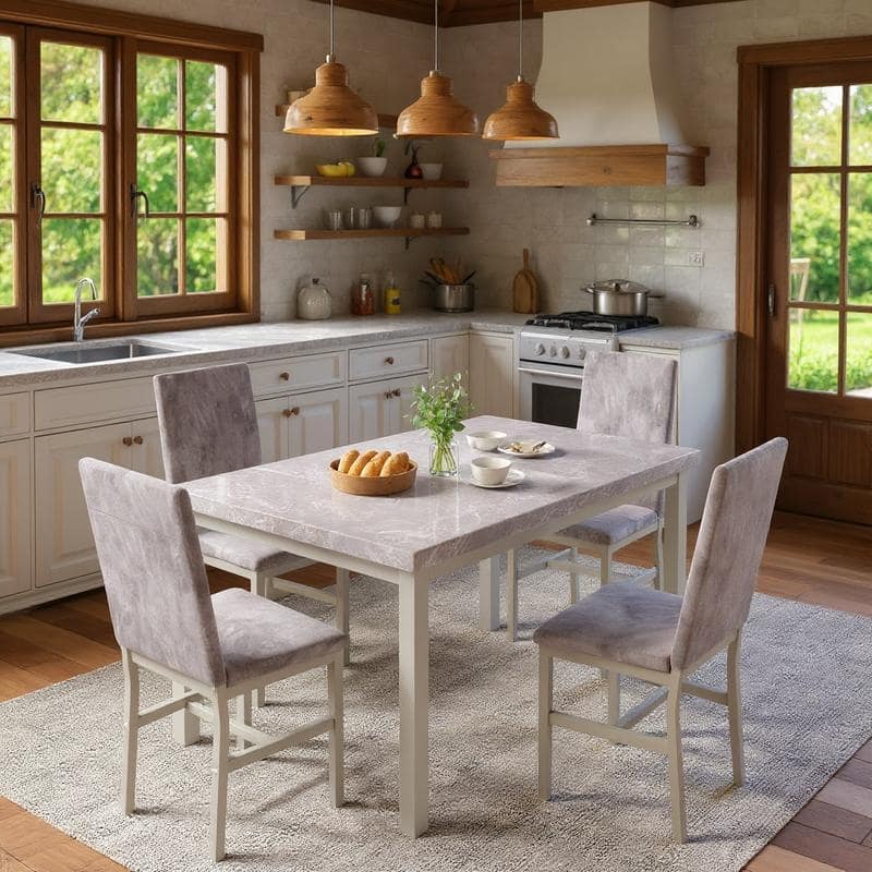 Grondin Modern Style Faux Marble Top 5-Piece Casual Dining Room Table Set with 4 Velvet Upholstered Dining Chairs