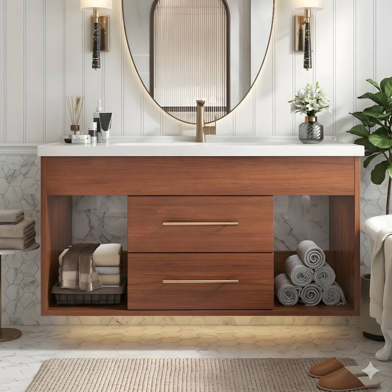 35.4" Mid-century Modern Single Bathroom Vanity with Integrated Ceramic Undermount Sink