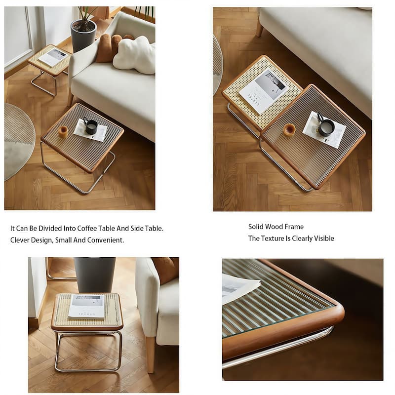 Modern Small Cherry Rattan & Glass Nesting Dining Tables