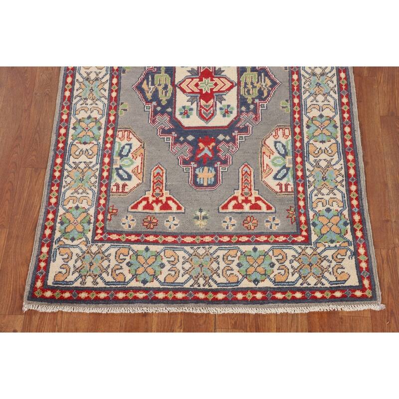 Geometric Kazak Accent Rug Handmade Grey Wool Carpet - 3'1" x 5'1"