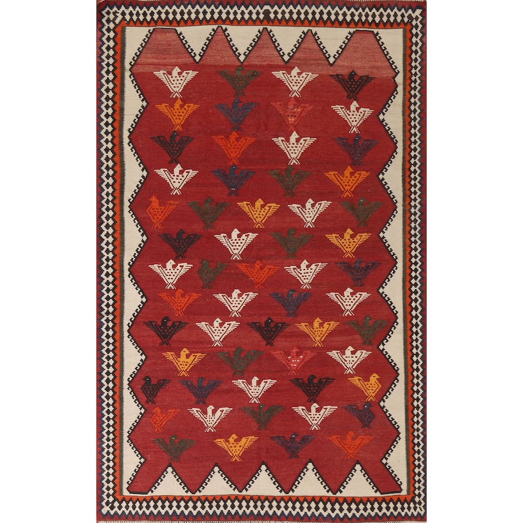 Animal Pictorial Kilim Qashqai Persian Area Rug Vintage Wool Carpet - 4'6"x 7'2"