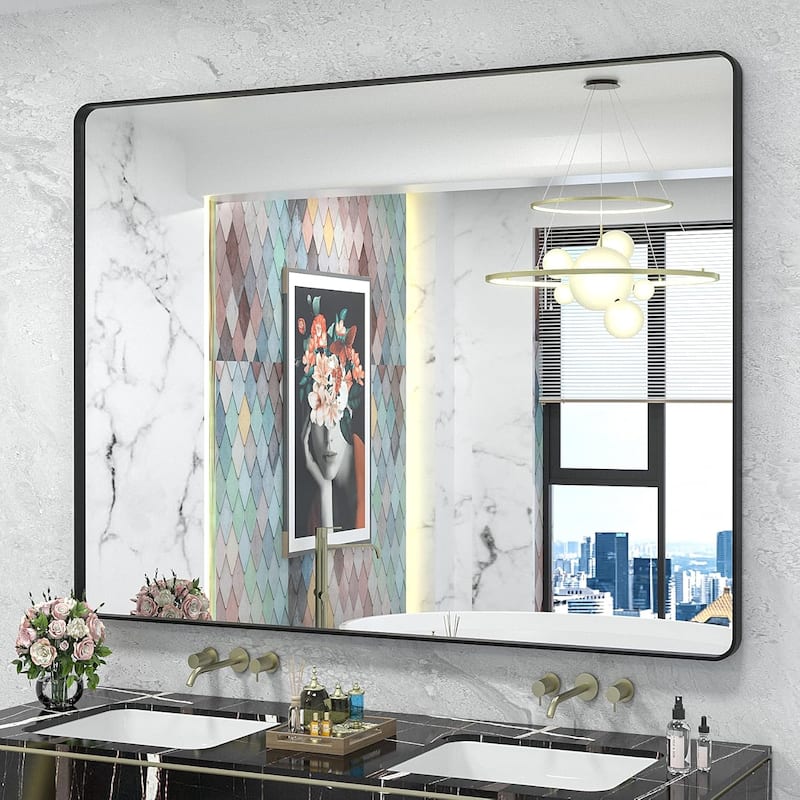 Aluminum Alloy Framed French Cleat Mounted Tempered Glass Wall Vanity Mirror - Black - 48" x 40"