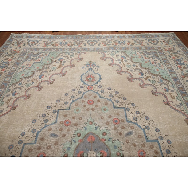 Hand Knotted Oriental 100% Wool Carpet Traditional Medallion Beige & Ivories Tabriz Area Rug - 12' 10'' X 9' 6''