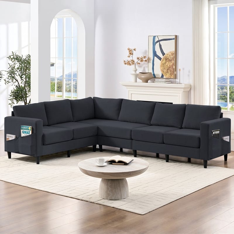 Mixoy 108" Linen Oversized Modular Sectional Sofa,L-Shaped Sectional Sofas with Side Pocket,Large 6 Seater Corner Sofa - Dark Grey - Symmetrical