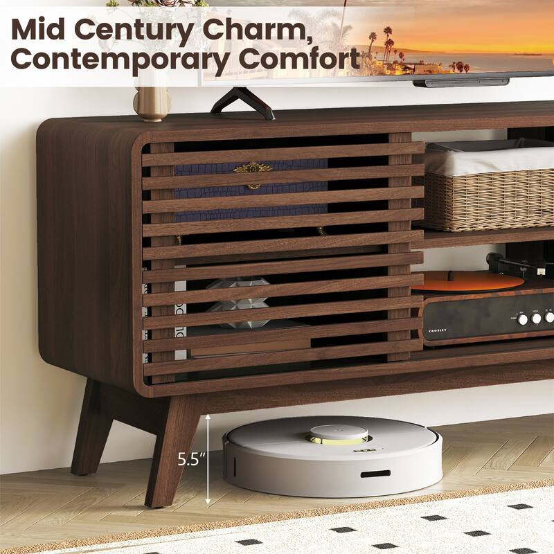 Gymax TV Stand w/Sliding Doors Adjustable Shelves & Rubber Wood Legs