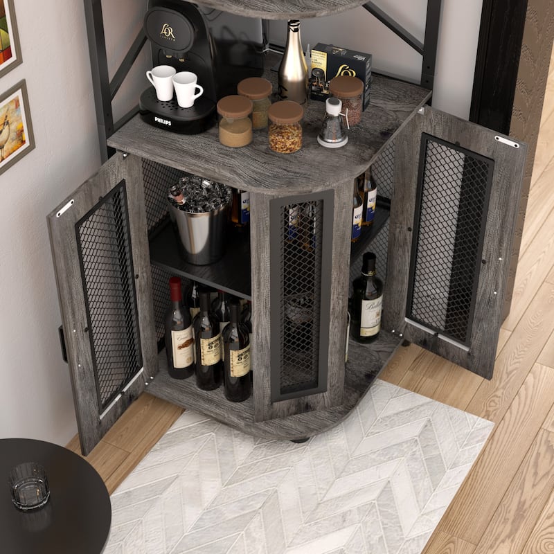 Corner Bar Cabinet with Charging Station and Ambiance Light, Liquor Display Storage Shelves with Glass Holder - Brown