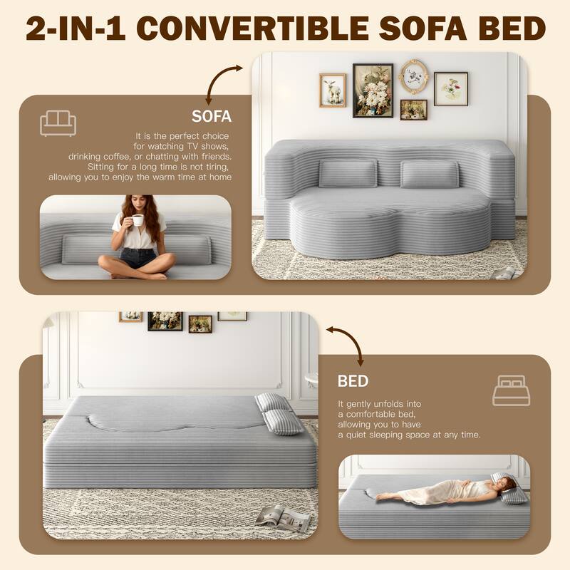 Convertible Floor Sofa with Corduroy Fabric, Twin Mattress & No Assembly