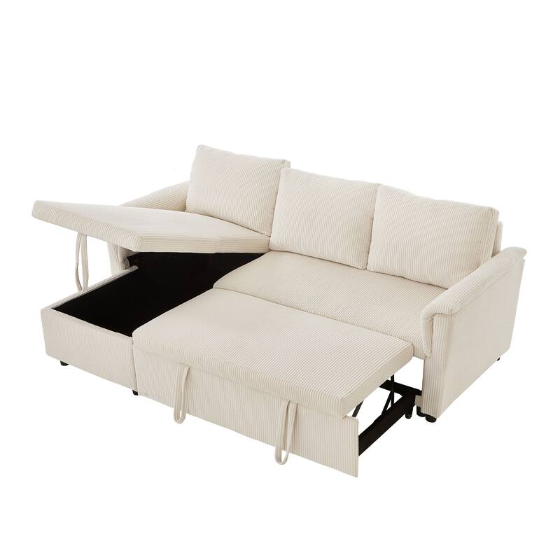 Convertible Corduroy Modular Loveseat Pull-Out Sleeper with Storage Chaise and Reclining Backrest for Living Room