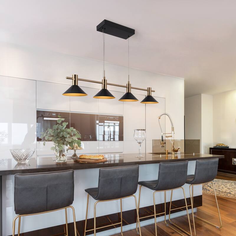 Modern Linear 4-Light 38.5" L Black Gold Bowl-shaped LED Chandelier Industrial Metal Kitchen Island Lights for Dining Room