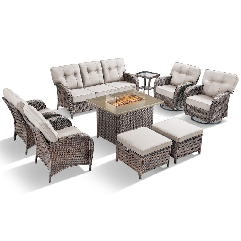 TWrap Wicker Patio Fire Pit Conversation Set with 3-Seat Sofa & Swivel Gliders & Armchairs