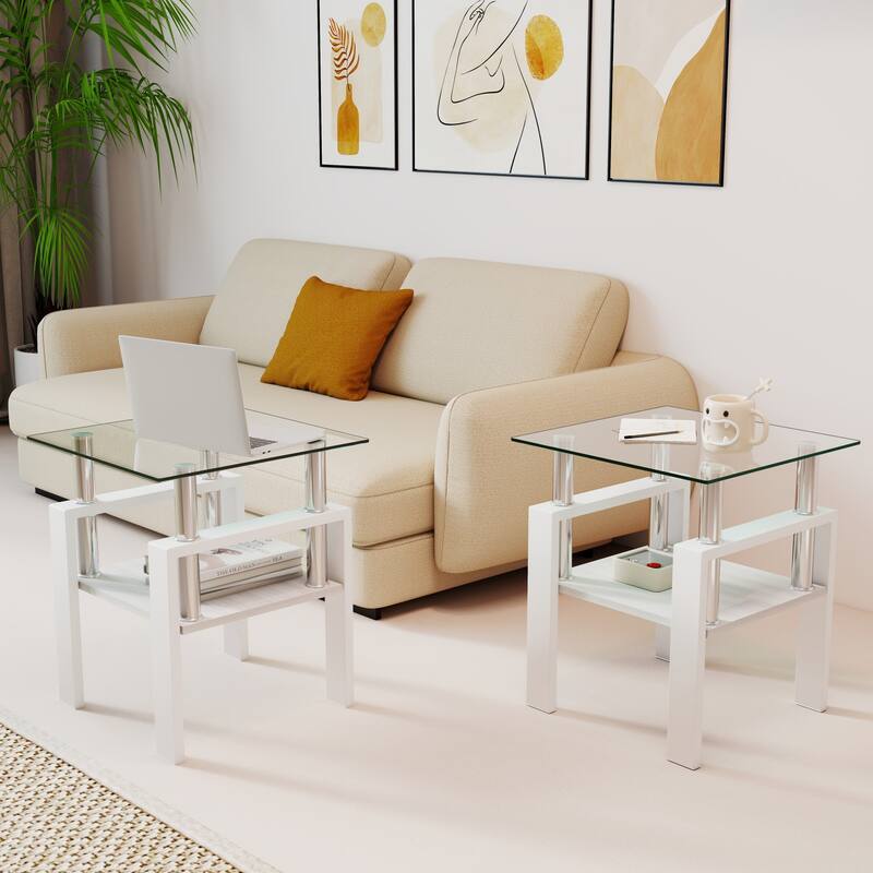 Set of 2 Modern Tempered Glass Tea Table,Tempered Glass Tabletop with MDF Layer,Coffee Table - White