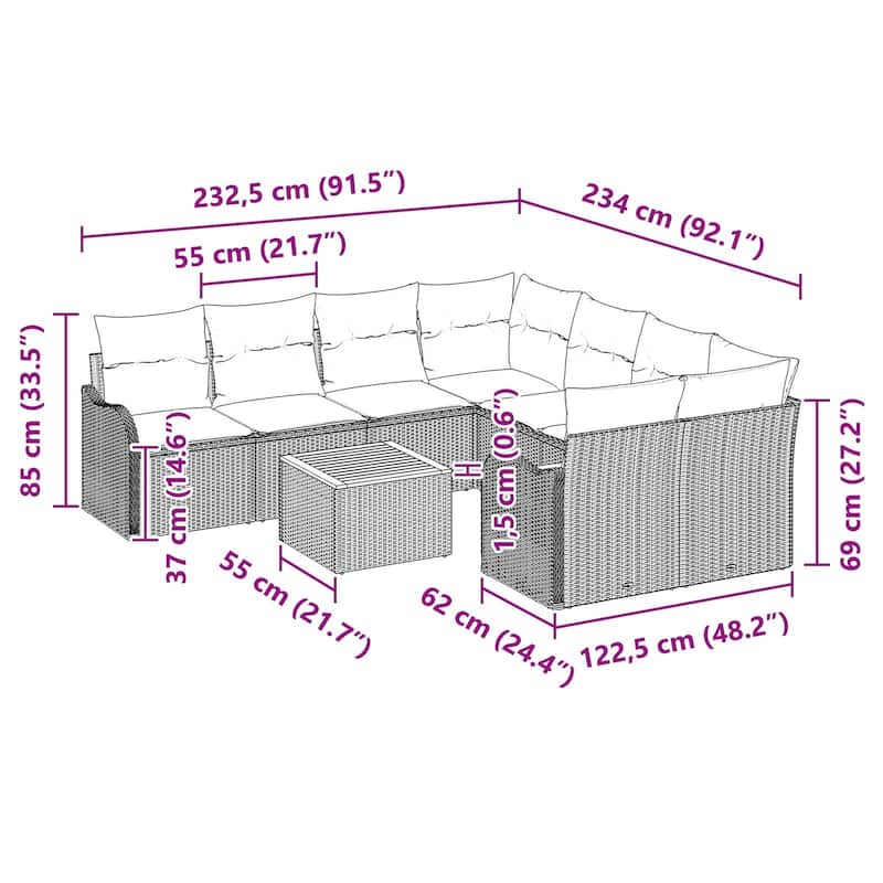 vidaXL 9 Piece Garden Sofa Set with Cushions - 91.5×92.1×27.2