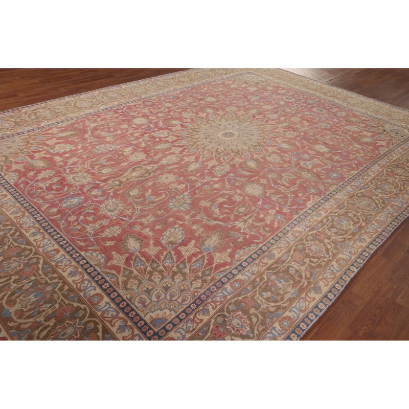 Mashad Persian Vintage Area Rug Handmade Floral Pink Wool Carpet - 9'2"x 13'5"