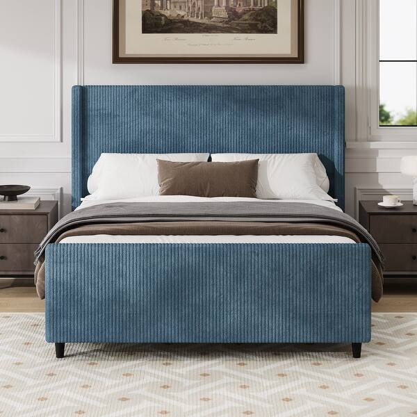 slide 2 of 19, King Size Corduroy Upholstered Bed Frame with Vertical Stripe Wingback - Taupe Finish. King - Blue