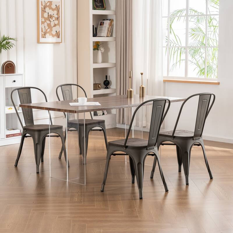 Metal Bar Stools Set of 4, Stackable Counter Height Barstools - Grey Wooden