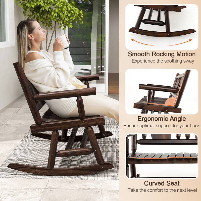 Gymax Outdoor Carbonized Wood Rocking Bench Double Rocking Chair for 2