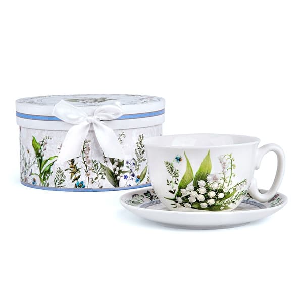 slide 2 of 7, Lily of The Valley Bone China Cup and Saucer Set in Gift Box - 10.1 fl oz