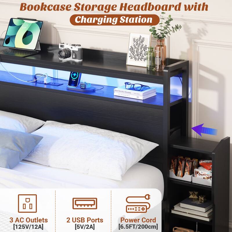 Bed Frame with Slide Out Bedside Cabinet , Platform Bed with Power Outlet and LED Light