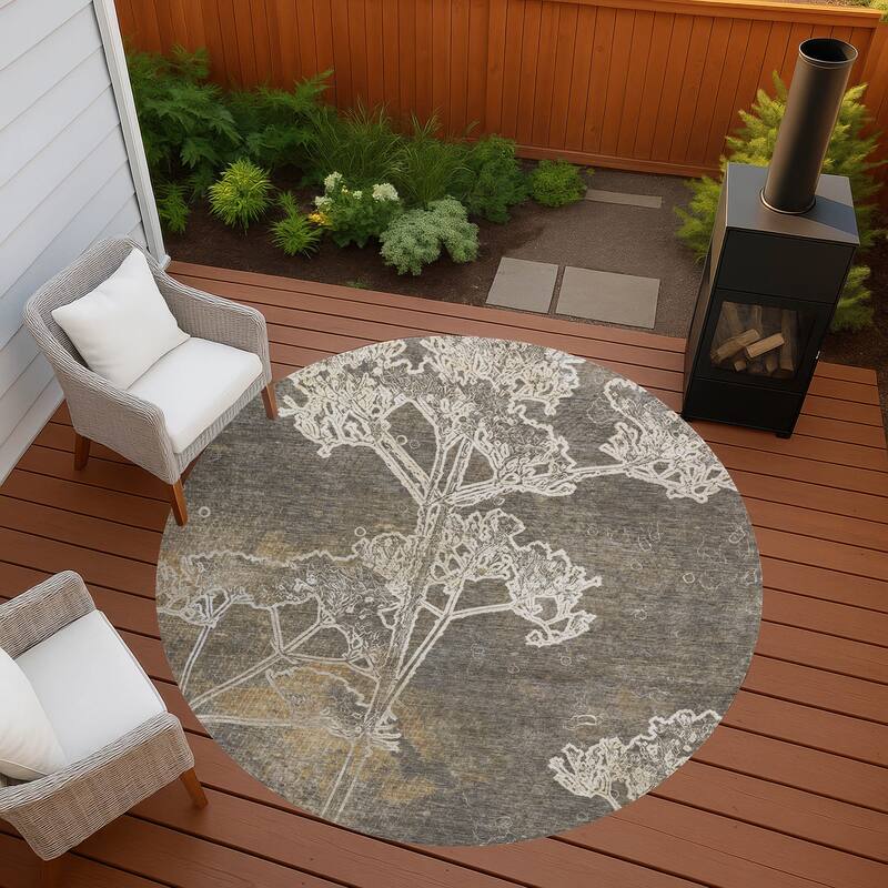 Machine Washable Indoor/ Outdoor Modern Floral Chantille Rug - Khaki - 8' x 8'