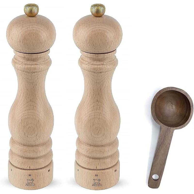 Peugeot Paris U'Select 9-Inch Salt & Pepper Mill Gift Set, Natural Beechwood - With Wooden Spice Scoop - 3 Piece