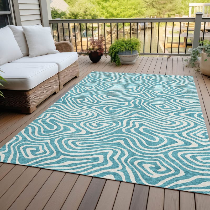Machine Washable Indoor/ Outdoor Abstract Modern Chantille Rug - Teal - 8' x 10'
