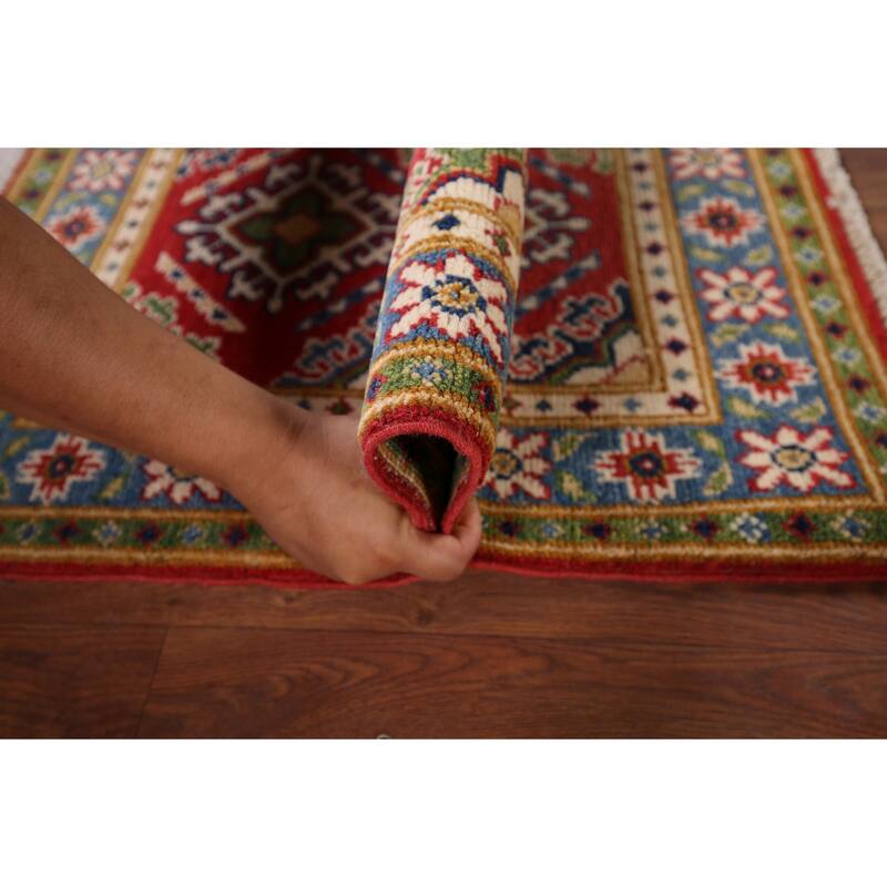 Hand Knotted Oriental 100% Wool Carpet Traditional Geometric Red Kazak Area Rug - 3' 0'' X 1' 10''