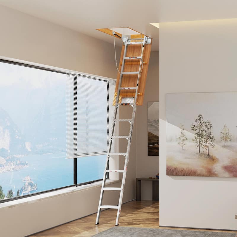 Aluminum Attic Ladder: 350-Pound Capacity, Fits 22 1/2" x 54" Opening, Suitable for 7-10ft Ceilings
