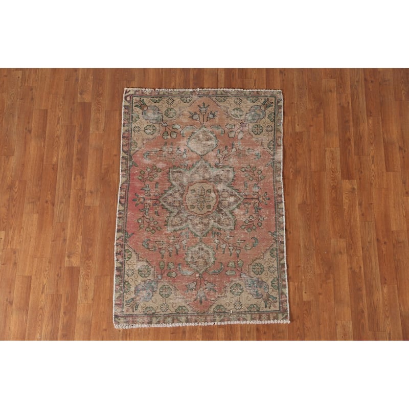 Distressed Tabriz Persian Accent Rug Handmade Wool Carpet - 3'1"x 4'7"