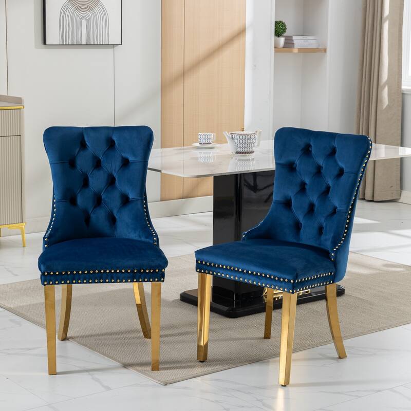 Set of 2 Velvet Dining Chairs with Nailhead Trim and Gold-Plated Legs