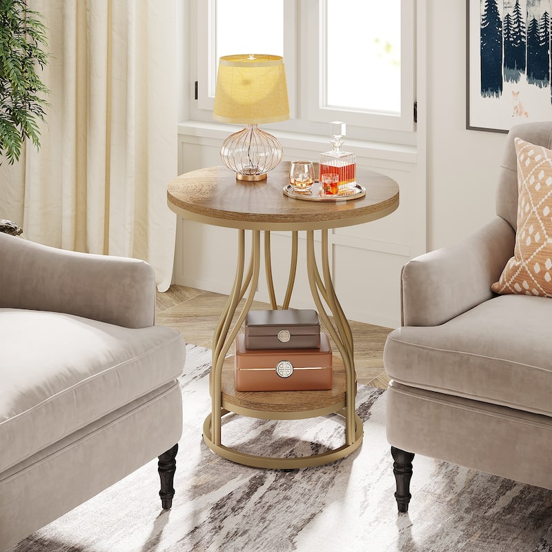 Round End Table, 2-Tier Side Tables, Modern Bedside Table, Small Chirside Tables for Couch Side