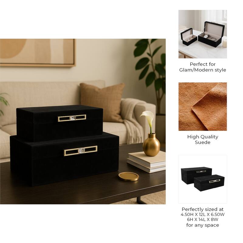 Wood Decorative Boxes Metal Handle with Lid (Set of 2) - 4/6" Black - 14" x 8" x 6"
