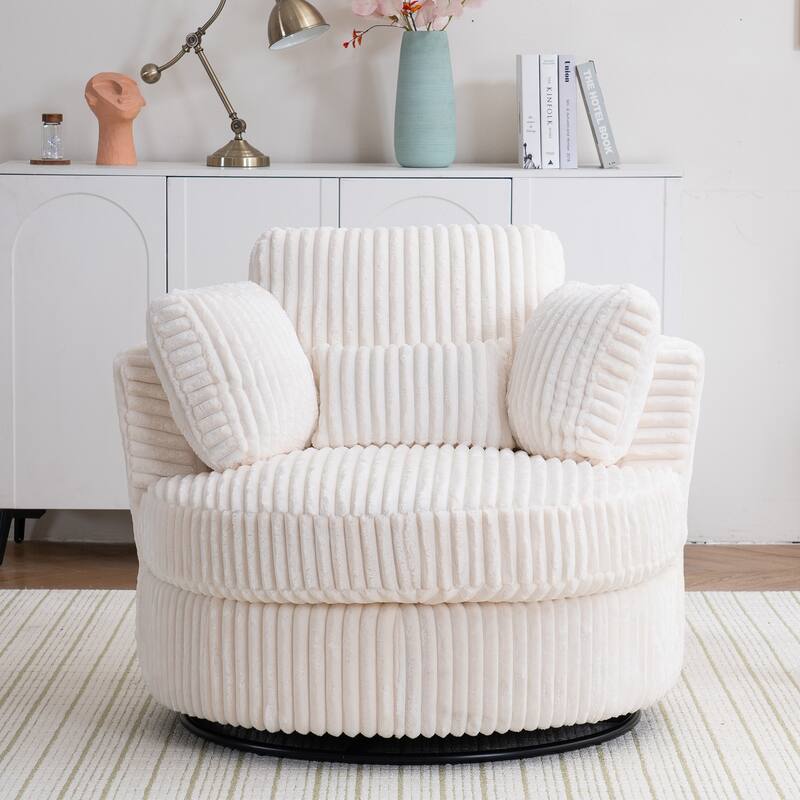 Corduroy Swivel Barrel Chair, Ergonomic Upholstered Round Armchair, Reading Sofa Chair with 3 Pillows & Thick Cushion - White