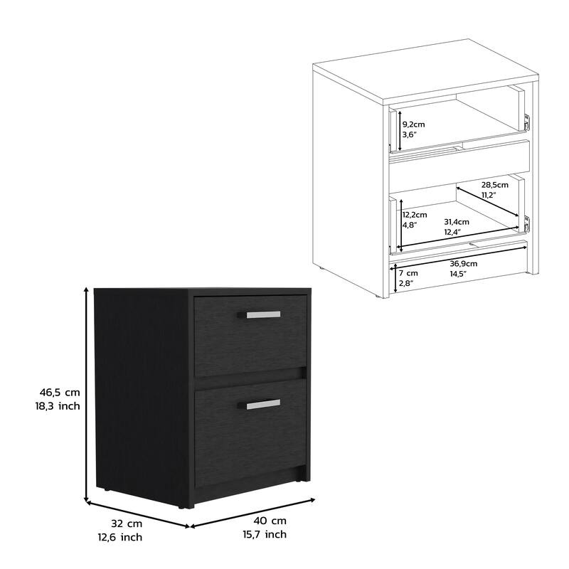 18-inch Nightstand with 2 Drawers and Metal Handles in Black