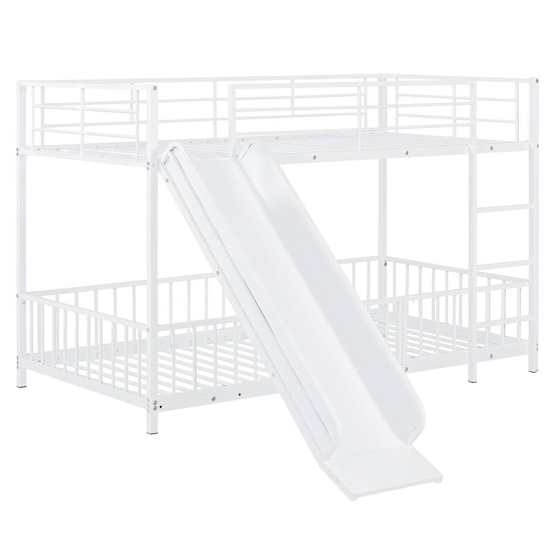 Twin over Twin Metal Bunk Bed with Slide, Guardrails & Convertible Loft Design - White