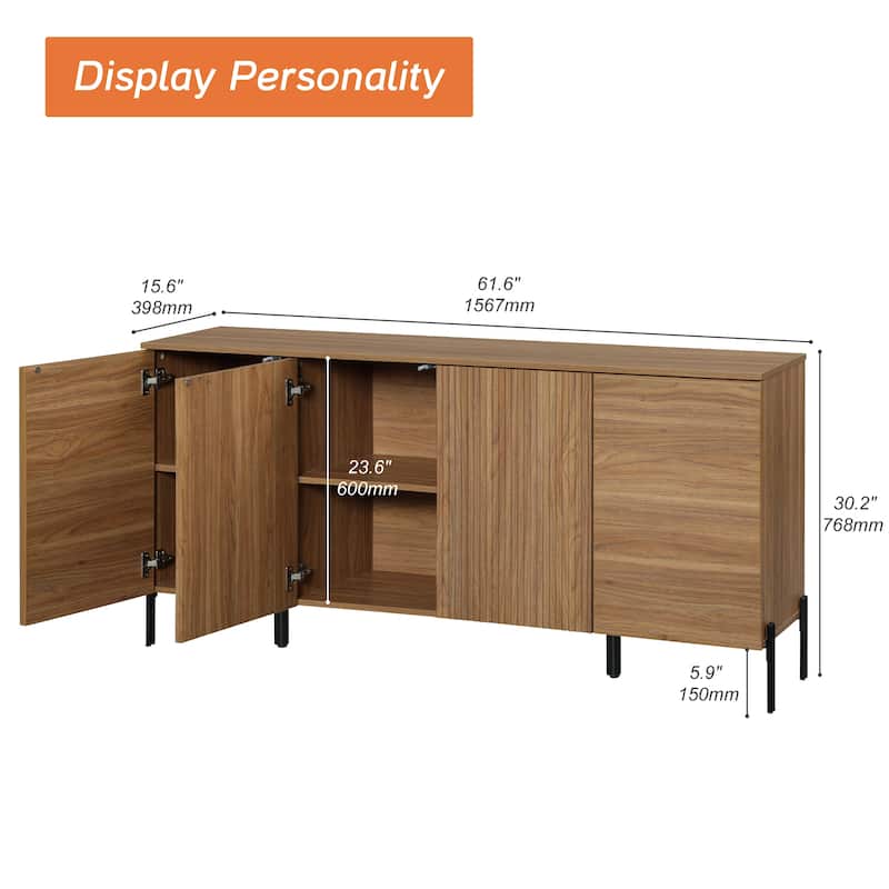 WAMPAT 61" Modern TV Stand For Tvs Up To 70 Inch, Reeded Entertainment Center With Storage, Wooden TV Console With 4 Doors